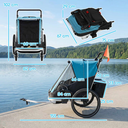 2-in-1 Child Bike Trailer Stroller, 2-Seat, Blue