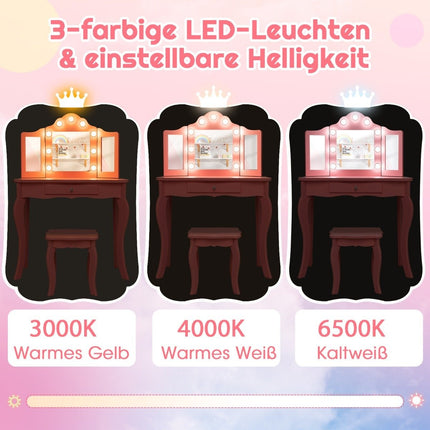 2 in 1 Kinder-Schminktisch mit LED-Leuchten &amp; Klappspiegel &amp; Schubladen Rosa