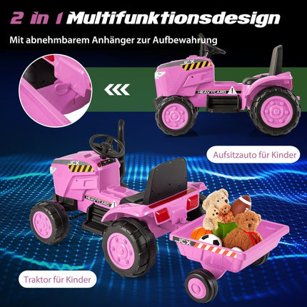 Dětský elektrický traktor 2 v 1 s vlekem a dálkovým ovládáním, elektrické autíčko, růžový