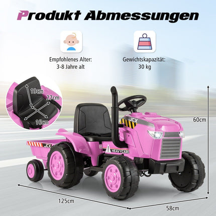 Dětský elektrický traktor 2 v 1 s vlekem a dálkovým ovládáním, elektrické autíčko, růžový