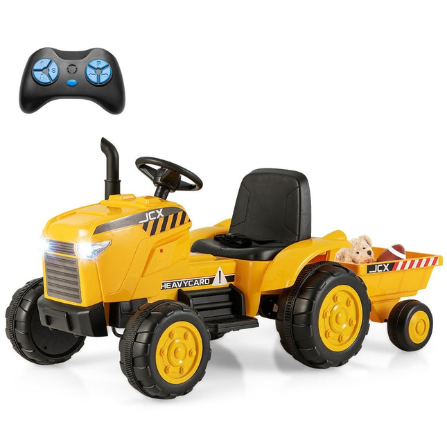 2-in-1-Elektrotraktor für Kinder mit Anhänger und ferngesteuertem Elektrospielzeugauto, Gelb