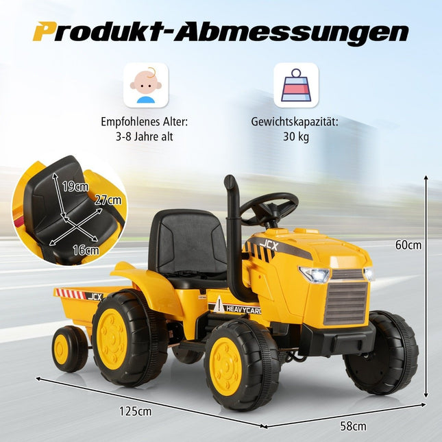 2-in-1-Elektrotraktor für Kinder mit Anhänger und ferngesteuertem Elektrospielzeugauto, Gelb