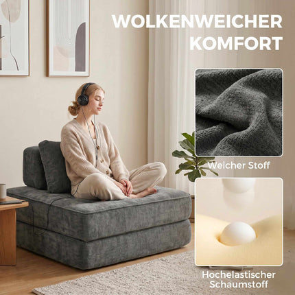 2-in-1-Klappsofa aus Chenille, Grau, vom Bodenstuhl zum Einzelbett