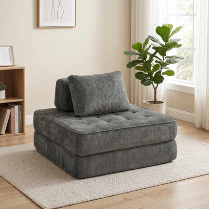2-in-1-Klappsofa aus Chenille, Grau, vom Bodenstuhl zum Einzelbett