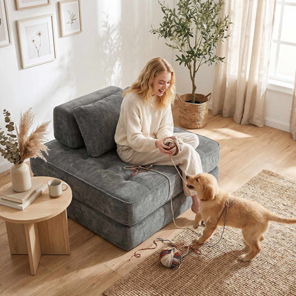 2-in-1-Klappsofa aus Chenille, Grau, vom Bodenstuhl zum Einzelbett
