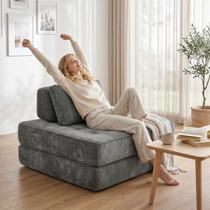 2-in-1-Klappsofa aus Chenille, Grau, vom Bodenstuhl zum Einzelbett