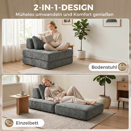 2-in-1-Klappsofa aus Chenille, Grau, vom Bodenstuhl zum Einzelbett