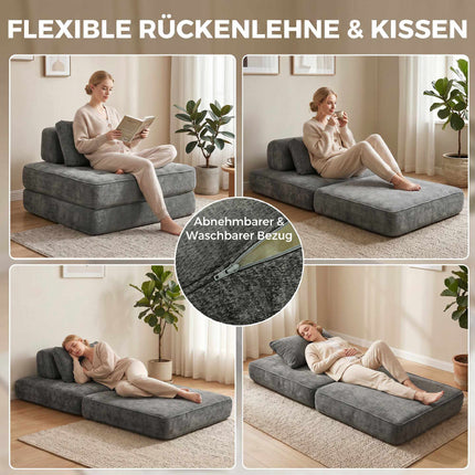 2-in-1-Klappsofa aus Chenille, Grau, vom Bodenstuhl zum Einzelbett