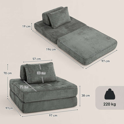 2-in-1-Klappsofa aus Chenille, Grau, vom Bodenstuhl zum Einzelbett