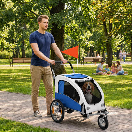 2-in-1 Dog Bike Trailer and Foldable Pet Stroller, Up to 20 kg, Light Grey, Blue