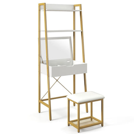 2 in 1 Dressing Table with Stool & Mirror & Double Shelves & Hidden Cabinet White Gold