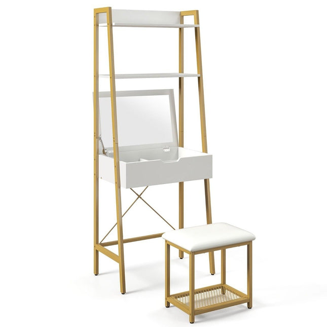 2-in-1-Schminktisch mit Hocker &amp; Spiegel &amp; Doppelregalen &amp; verstecktem Schrank, Weißgold