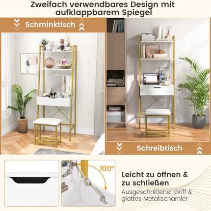 2 in 1 Dressing Table with Stool & Mirror & Double Shelves & Hidden Cabinet White Gold