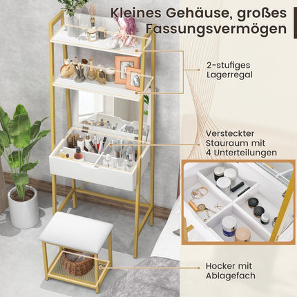 2 in 1 Dressing Table with Stool & Mirror & Double Shelves & Hidden Cabinet White Gold