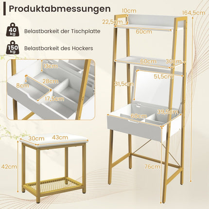 2 in 1 Dressing Table with Stool & Mirror & Double Shelves & Hidden Cabinet White Gold