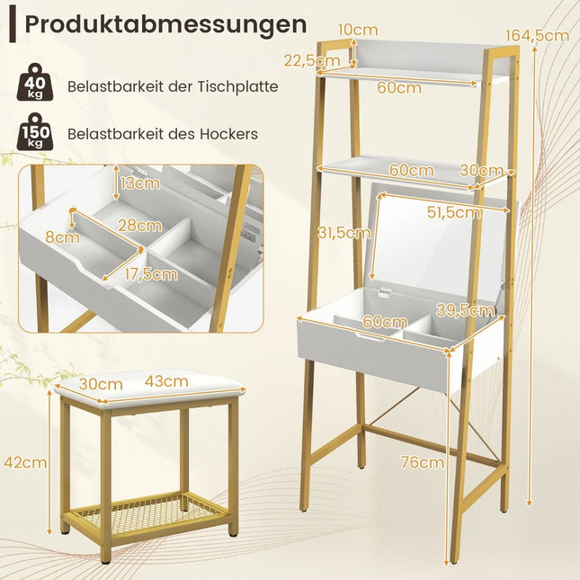 2-in-1-Schminktisch mit Hocker &amp; Spiegel &amp; Doppelregalen &amp; verstecktem Schrank, Weißgold