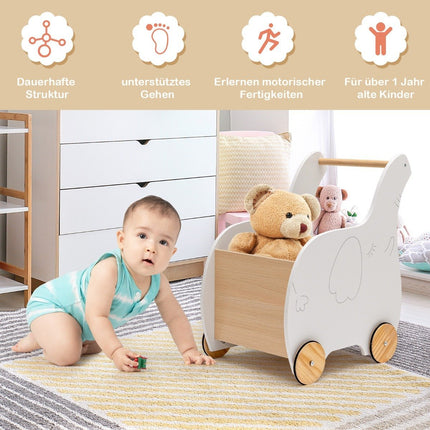 2-in-1 Lauflernwagen aus Holz in Elefantenform mit großer Spielzeugkiste, Weiß