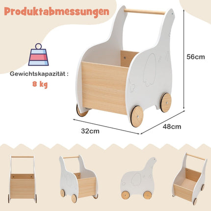 2-in-1 Lauflernwagen aus Holz in Elefantenform mit großer Spielzeugkiste, Weiß