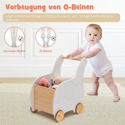 2-in-1 Lauflernwagen aus Holz in Elefantenform mit großer Spielzeugkiste, Weiß