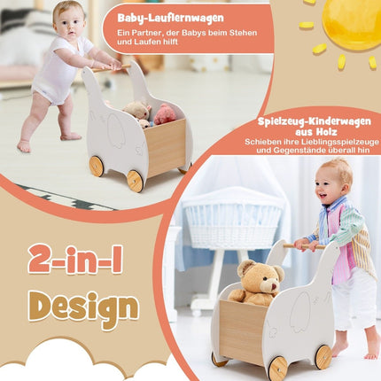 2-in-1 Lauflernwagen aus Holz in Elefantenform mit großer Spielzeugkiste, Weiß