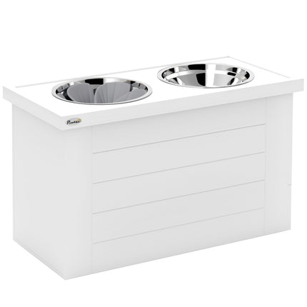 Gamelle surélevée 2 en 1 pour chien, réglable en hauteur, avec support et espace de rangement, 2 gamelles en acier inoxydable de 2 L, tapis d'alimentation lente, station d'alimentation, gamelles pour grands chiens et chats, blanc