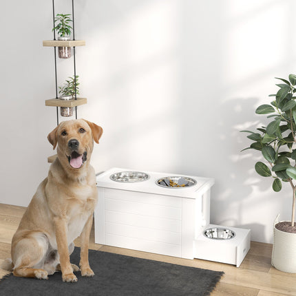 Gamelle surélevée 2 en 1 pour chien, réglable en hauteur, avec support et espace de rangement, 2 gamelles en acier inoxydable de 2 L, tapis d'alimentation lente, station d'alimentation, gamelles pour grands chiens et chats, blanc