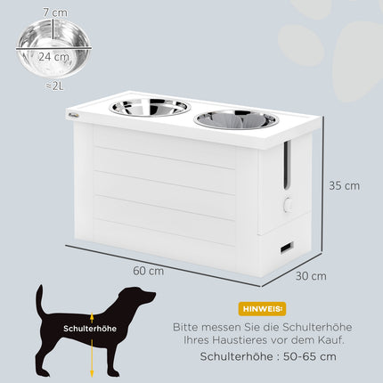 Gamelle surélevée 2 en 1 pour chien, réglable en hauteur, avec support et espace de rangement, 2 gamelles en acier inoxydable de 2 L, tapis d'alimentation lente, station d'alimentation, gamelles pour grands chiens et chats, blanc