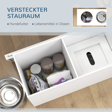 Gamelle surélevée 2 en 1 pour chien, réglable en hauteur, avec support et espace de rangement, 2 gamelles en acier inoxydable de 2 L, tapis d'alimentation lente, station d'alimentation, gamelles pour grands chiens et chats, blanc