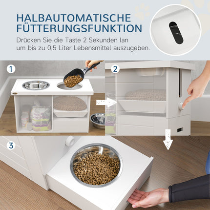 Gamelle surélevée 2 en 1 pour chien, réglable en hauteur, avec support et espace de rangement, 2 gamelles en acier inoxydable de 2 L, tapis d'alimentation lente, station d'alimentation, gamelles pour grands chiens et chats, blanc