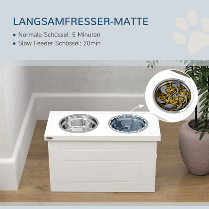 Gamelle surélevée 2 en 1 pour chien, réglable en hauteur, avec support et espace de rangement, 2 gamelles en acier inoxydable de 2 L, tapis d'alimentation lente, station d'alimentation, gamelles pour grands chiens et chats, blanc