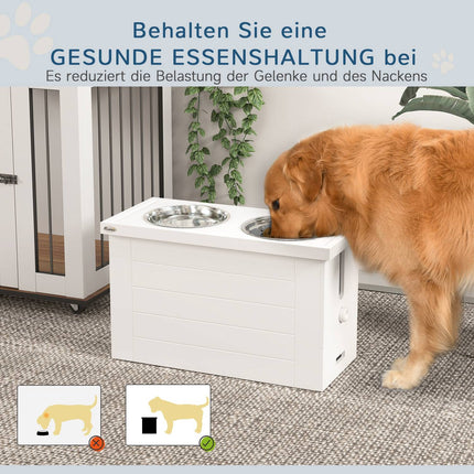 Gamelle surélevée 2 en 1 pour chien, réglable en hauteur, avec support et espace de rangement, 2 gamelles en acier inoxydable de 2 L, tapis d'alimentation lente, station d'alimentation, gamelles pour grands chiens et chats, blanc