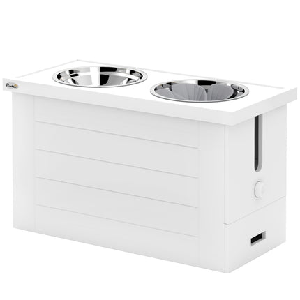Gamelle surélevée 2 en 1 pour chien, réglable en hauteur, avec support et espace de rangement, 2 gamelles en acier inoxydable de 2 L, tapis d'alimentation lente, station d'alimentation, gamelles pour grands chiens et chats, blanc