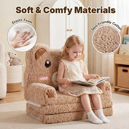 2-in-1 Foldable Kids Sofa Bed with Washable Cover, Bear Design, Brown