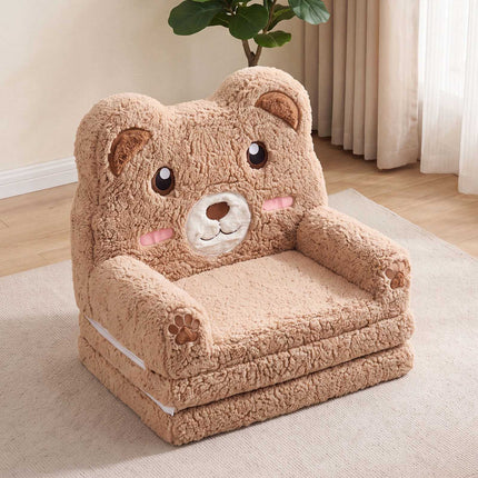 2-in-1 Foldable Kids Sofa Bed with Washable Cover, Bear Design, Brown