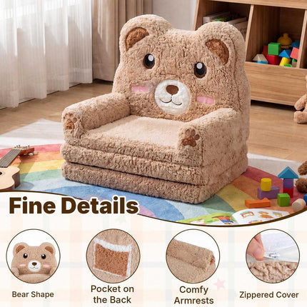 2-in-1 Foldable Kids Sofa Bed with Washable Cover, Bear Design, Brown