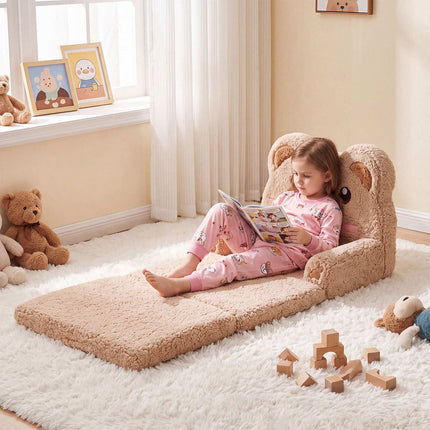 2-in-1 Foldable Kids Sofa Bed with Washable Cover, Bear Design, Brown