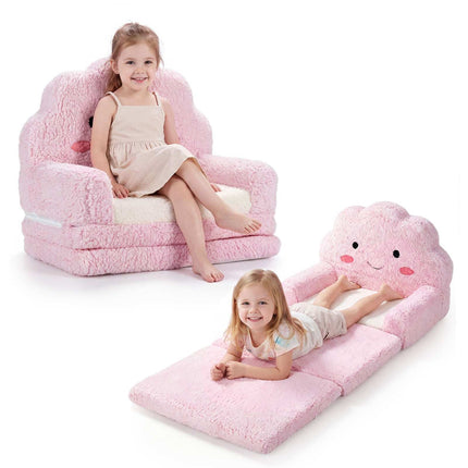 2-in-1 Foldable Kids Sofa Bed with Washable Cover, Cloud Design, Pink