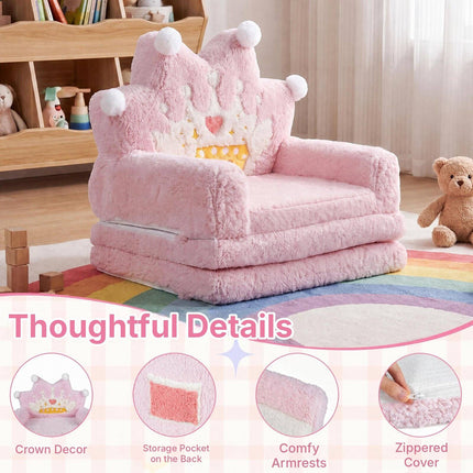 2-in-1 Foldable Kids Sofa Bed with Washable Cover, Crown Design, Pink