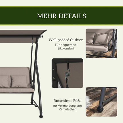 3-Sitzer Hollywoodschaukel aus Stahl mit verstellbarem Sonnendach, hellbraun