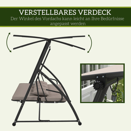 3-Sitzer Hollywoodschaukel aus Stahl mit verstellbarem Sonnendach, hellbraun