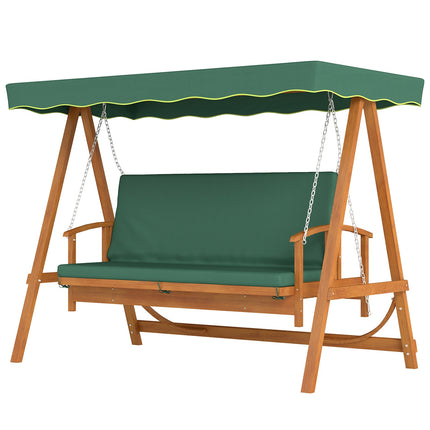Balançoire Hollywood 2 en 1 avec fonction inclinable, balançoire de jardin 3 places en bois, balançoire en bois avec coussin d'assise pare-soleil, banc de balançoire jusqu'à 330 kg, pour jardin, terrasse, 236x130x181 cm, vert foncé |