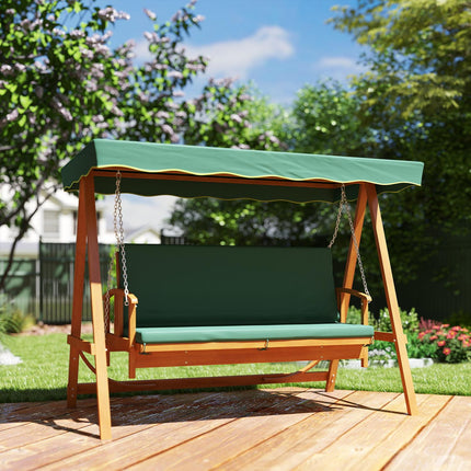Balançoire Hollywood 2 en 1 avec fonction inclinable, balançoire de jardin 3 places en bois, balançoire en bois avec coussin d'assise pare-soleil, banc de balançoire jusqu'à 330 kg, pour jardin, terrasse, 236x130x181 cm, vert foncé |