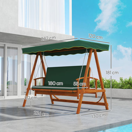 Balançoire Hollywood 2 en 1 avec fonction inclinable, balançoire de jardin 3 places en bois, balançoire en bois avec coussin d'assise pare-soleil, banc de balançoire jusqu'à 330 kg, pour jardin, terrasse, 236x130x181 cm, vert foncé |