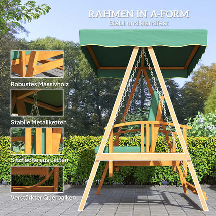 Balançoire Hollywood 2 en 1 avec fonction inclinable, balançoire de jardin 3 places en bois, balançoire en bois avec coussin d'assise pare-soleil, banc de balançoire jusqu'à 330 kg, pour jardin, terrasse, 236x130x181 cm, vert foncé |