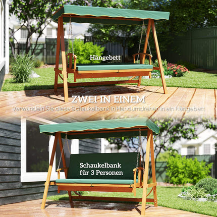 Balançoire Hollywood 2 en 1 avec fonction inclinable, balançoire de jardin 3 places en bois, balançoire en bois avec coussin d'assise pare-soleil, banc de balançoire jusqu'à 330 kg, pour jardin, terrasse, 236x130x181 cm, vert foncé |