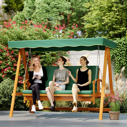 Balançoire Hollywood 2 en 1 avec fonction inclinable, balançoire de jardin 3 places en bois, balançoire en bois avec coussin d'assise pare-soleil, banc de balançoire jusqu'à 330 kg, pour jardin, terrasse, 236x130x181 cm, vert foncé |