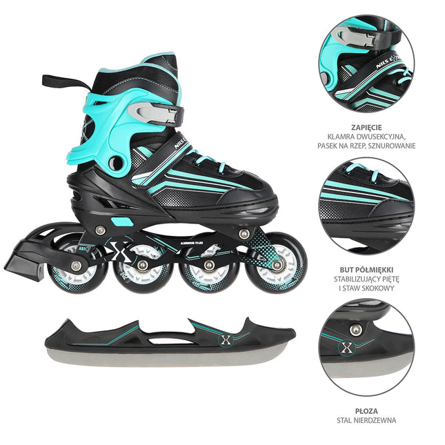 2-in-1 Inliner & Schlittschuhe, Schwarz/Blau, Größe S (29-33)