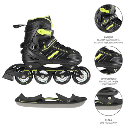 2-in-1 Inline & Ice Skates, Black/Lime, Size L (39-43)
