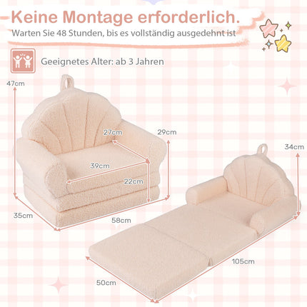 2-in-1-Kindersofabett, Beige, weicher Teddyplüsch