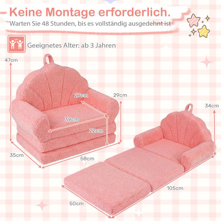 2-in-1 Kids Sofa Bed, Pink Teddy Fabric, Foldable